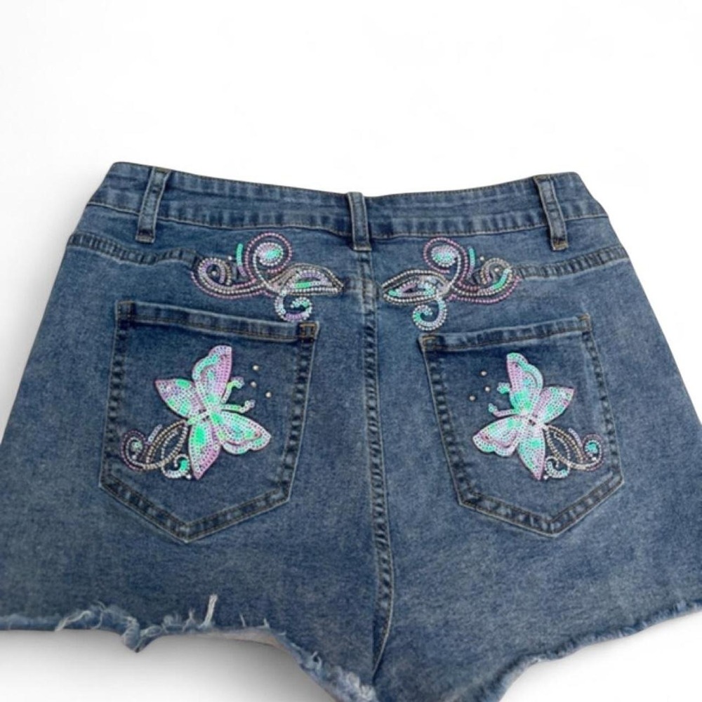 Romwe Y2K Butterfly Sequin Denim Shorts Large Low Rise McBling Fairycore Blue